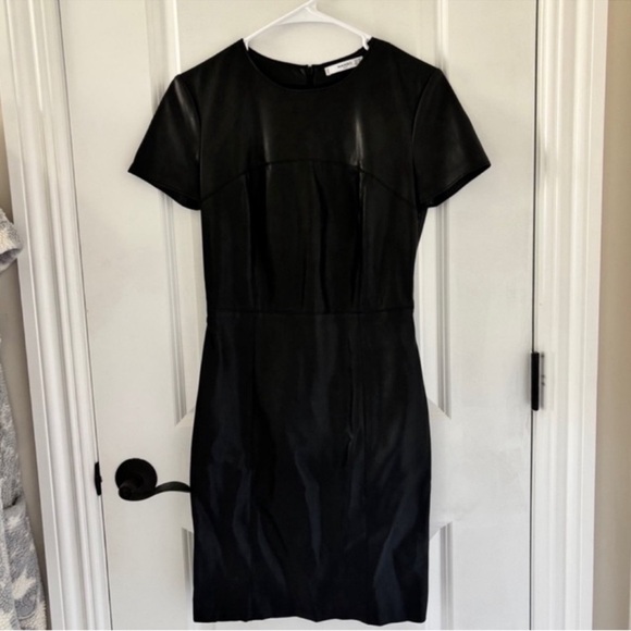 MANGO MNG Faux Leather Short Sleeve Black Sheath Dress XS Fast Ship - Picture 1 of 15